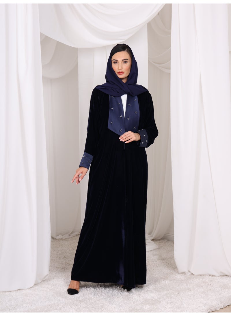 Royal Vision Navy Blue Velvet Embellished Abaya with Matching Scarf - Image 1
